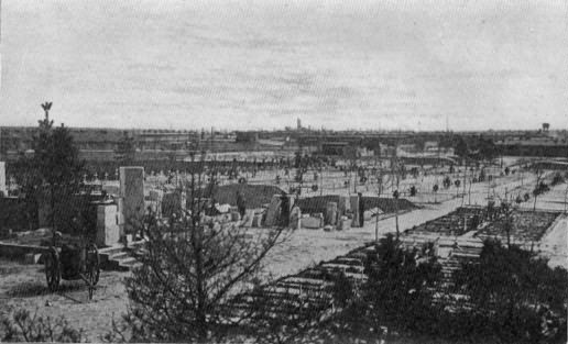 Post-card Sent by Private Bromley from the Prison-camp
of Soltau, Germany, in July, 1918. The Crosses Mark The Graves Of
Prisoners Who Have Died at This Camp