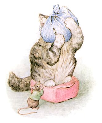 Miss Moppet holds her poor head in her paws, and looks at him through a hole in the duster.