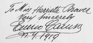 To Miss Harriette Brower, Very Sincerely, Enrico Caruso N.Y. 1919
