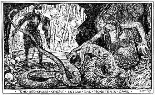 A knight at the entrance to a cave, the monster has the body of a woman and the tail of a snake