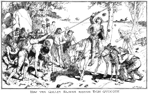 A group of people throwing stones at the mounted Don Quixote and at Sancho Panza, hiding behind his donkey