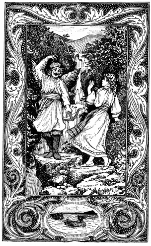 A winged man with a cross-bow startles a young woman.