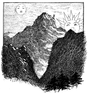 The sun and moon talk to a person standing on a mountain.