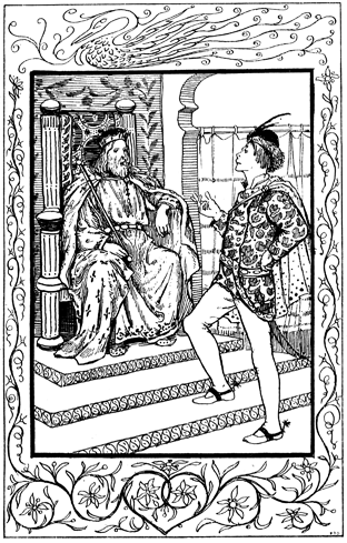A confident-looking man talks to a seated king.