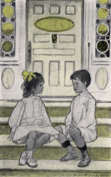 Illustration:
Girl and boy on front steps.