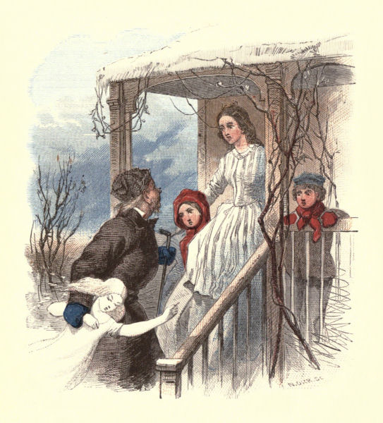 The children watch with their mother as their father pulls the snow girl towards the house