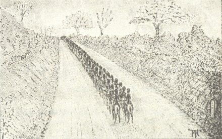 Two lines of military men on horses