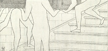 Sketch of people carrying a large object up stairs