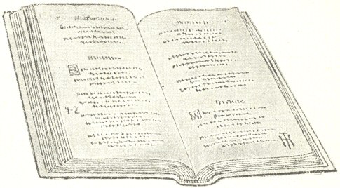 Sketch of open book with two letters hand-written on left-hand
page