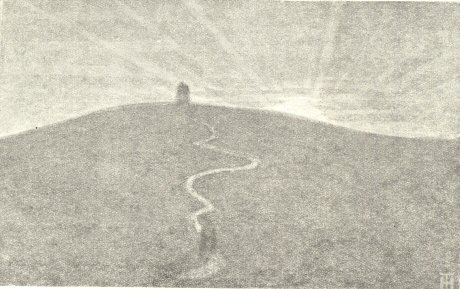 Sketch of person walking long path to building on hill