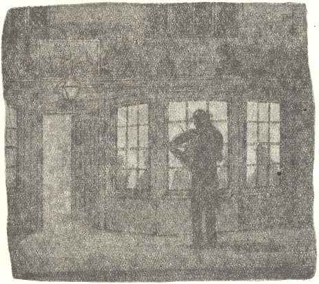 Sketch of person standing outside bay window, looking in