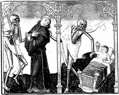 Illustration: De gauche à droite:
1. le mort, le cordelier; 2. le mort, l'enfant au berceau.