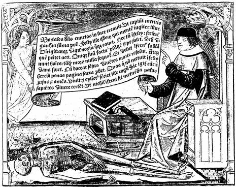 Illustration: Le mort est couché par terre sur un linceul,
une couronne posée à côté de sa tête.
L'acteur assis à côté de ses livres montre de la main une banderole
portée par l'ange avec le texte suivant: