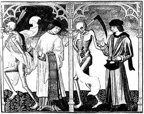 Illustration: De gauche à droite:
1. Le mort, le chanoine; 2. le mort, le marchand.