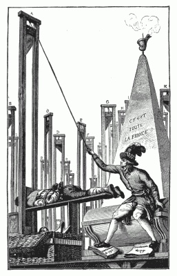 ROBESPIERRE GUILLOTINING THE EXECUTIONER. From an engraving in the collection of M. Flix Perin. "Robespierre, after having had all the French guillotined, beheads the
executioner with his own hand." This caricature cost the engraver his
life.