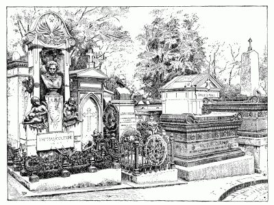 A CORNER IN THE CEMETERY OF PRE-LACHAISE: TOMBS OF COUTURE, THE PAINTER; LEDRU-ROLLIN, THE STATESMAN; COUSIN, THE PHILOSOPHER; AND AUBER, THE COMPOSER. Drawn from a photograph.