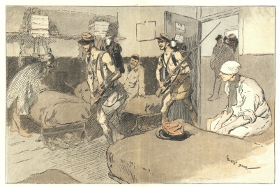 THREE-YEAR MEN IN BARRACKS. A GOOD JOKE. After a water-color by Georges Scott.