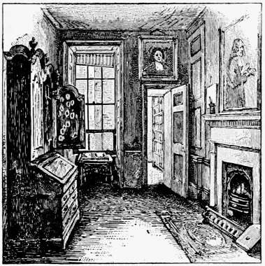 Drawing of narrow room  with secretary and fireplace