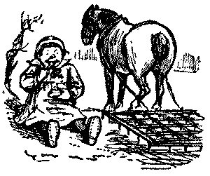 Man eating beside horse drawn harrow.