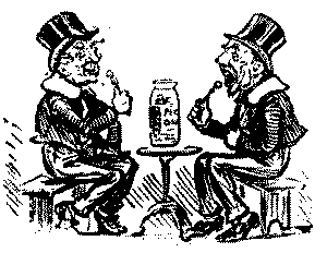 Two men eating pickled onions.