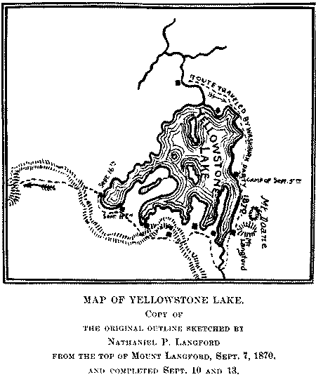 Map of Yellowstone Lake. Copy of the Original outline Sketched by Nathaniel P. Langford from the Top of Mount Langford, Sept. 7, 1870, and Completed Sept. 10 and 13.