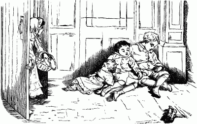 A young girl entering a room where three children are collapsed asleep in the corner.
