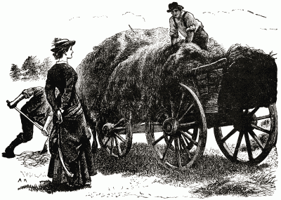 Two men working on a hay wagon with a woman asking a question of them.