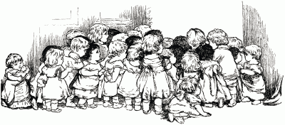 At least twenty-six toddlers clustered around something at the back of a room.