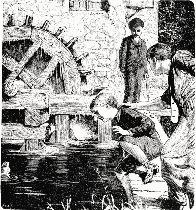 A dog in a mill pond with a boy being stopped by a man from jumping in and another boy looking on.
