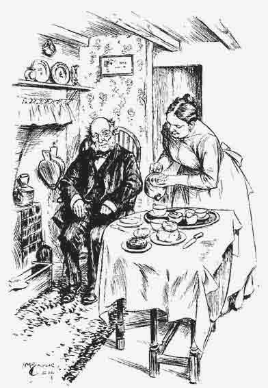 "Waited upon him at tea time as
though he had been a gentleman born"