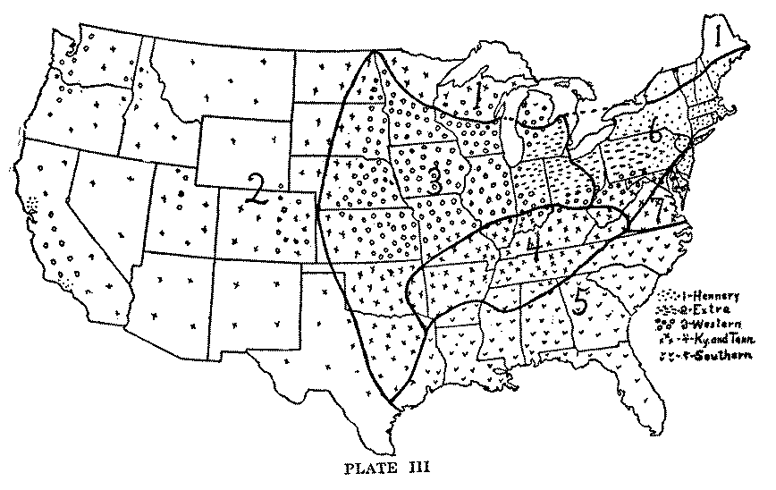 Plate III. Page 47. Map: Intensity of egg production in the United States