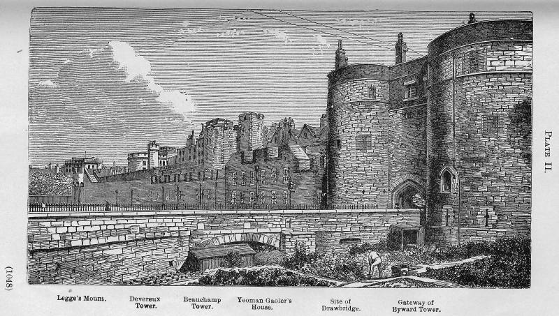 Plate II. Legge's Mount. Devereux Tower. Beauchamp Tower.
Yeoman Gaoler's House. Site of Drawbridge. Gateway of Byward Tower.