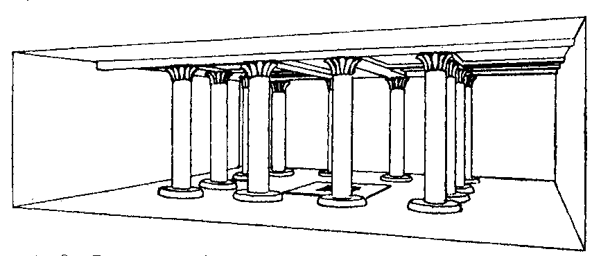 Fig 8.--Restoration of the hall in a Twelfth Dynasty
house. In the middle of the floor is a tank surrounded
by a covered colonnade. Reproduced from Plate XVI. of
Illahûn, Kahun, and Gurob, W.M.F. Petrie. 