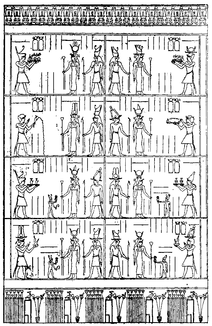 Fig 107.--Wall of a chamber at Denderah, to show the
arrangement of the tableaux. 