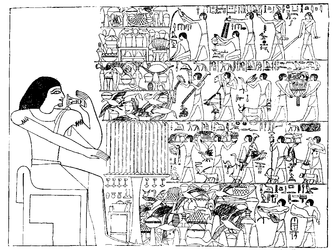 Fig 127.--Wall scene of funerary offerings, from
mastaba of Ptahhotep, Fifth Dynasty. 