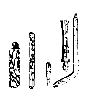 Fig 255.--Fire-sticks, bow, and unfinished drill-stock,
Twelfth Dynasty; Illahûn, Kahun, and Gurob, W.M.F. Petrie, Plate
VII., p. 11.