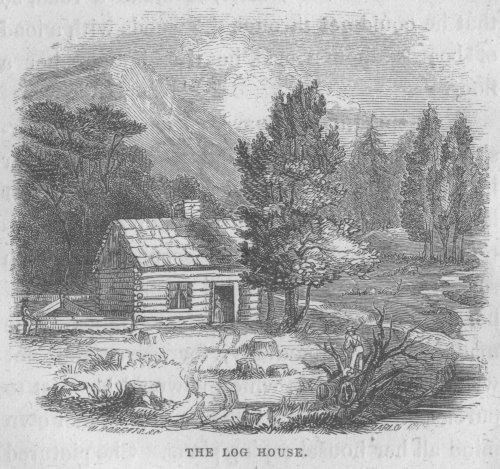 An engraving of the log house.