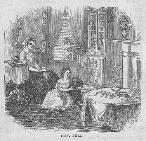 An engraving of Mrs. Bell at home.