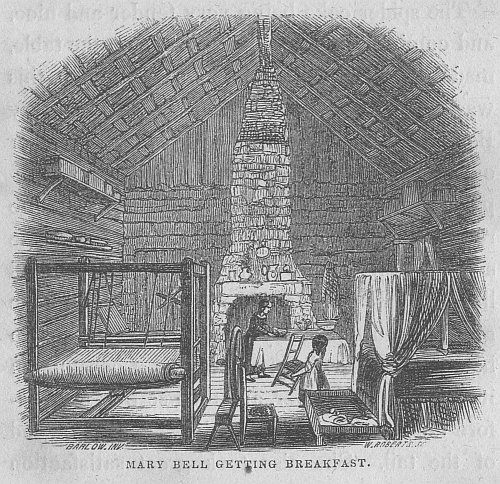 An engraving of Mary Bell making breakfast.