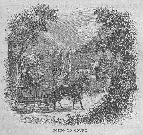 An engraving of Mary Erskine going to court.