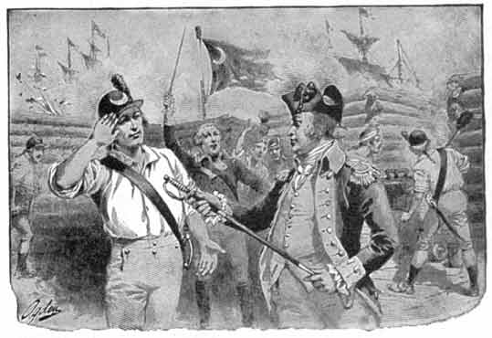 General Moultrie giving his sword to Sergeant Jasper.