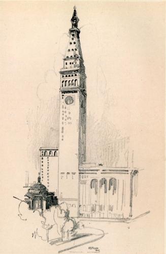";THE TOWER OF THE METROPOLITAN BUILDING. WHATEVER ARTISTS
MAY THINK OF IT THE TOWER IS, STRUCTURALLY, ONE OF THE WONDERS OF THE
WORLD. EXACTLY HALFWAY BETWEEN SIDEWALK AND POINT OF SPIRE IS THE GREAT
CLOCK WITH THE IMMENSE DIALS"