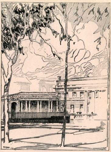"THE SITE OF THE OLD LENOX LIBRARY IS NOW OCCUPIED BY
THE HOUSE OF MR. HENRY C. FRICK, ONE OF THE GREAT SHOW RESIDENCES OF THE
AVENUE AND THE CITY. A BROAD GARDEN SEPARATES THE HOUSE, WHICH IS
EIGHTEENTH CENTURY ENGLISH, FROM THE SIDEWALK"