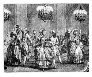 A ball-room dance, Le Bal Paré, of the 18th century. From August de l'Aubin.
