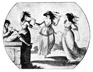 The Misses Gunning dancing. End of the 18th century, from a print by Bunbury, engraved by Bartolozzi.