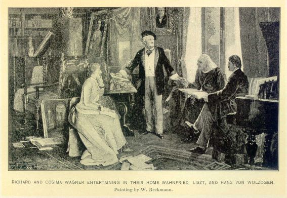 Richard and Cosima Wagner entertaining in their home Wahnfried, Liszt, and Hans von Wolzogen.  Painting by W. Beckmann.