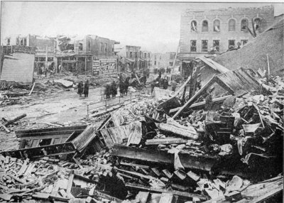 This scene shows the desolation caused by the tornado wrecking a whole street of houses at Omaha, Nebraska