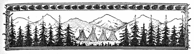 line drawing: forest, mountains, tipis