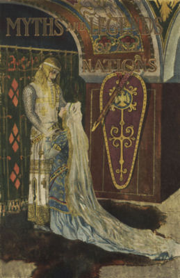 Cover of Myths & Legends of All Nations, showing Elsa kneeling before
Lohengrin.