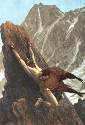 Prometheus is shackled to an outcrop of rock. An eagle is perched on him,
pecking at his flesh.